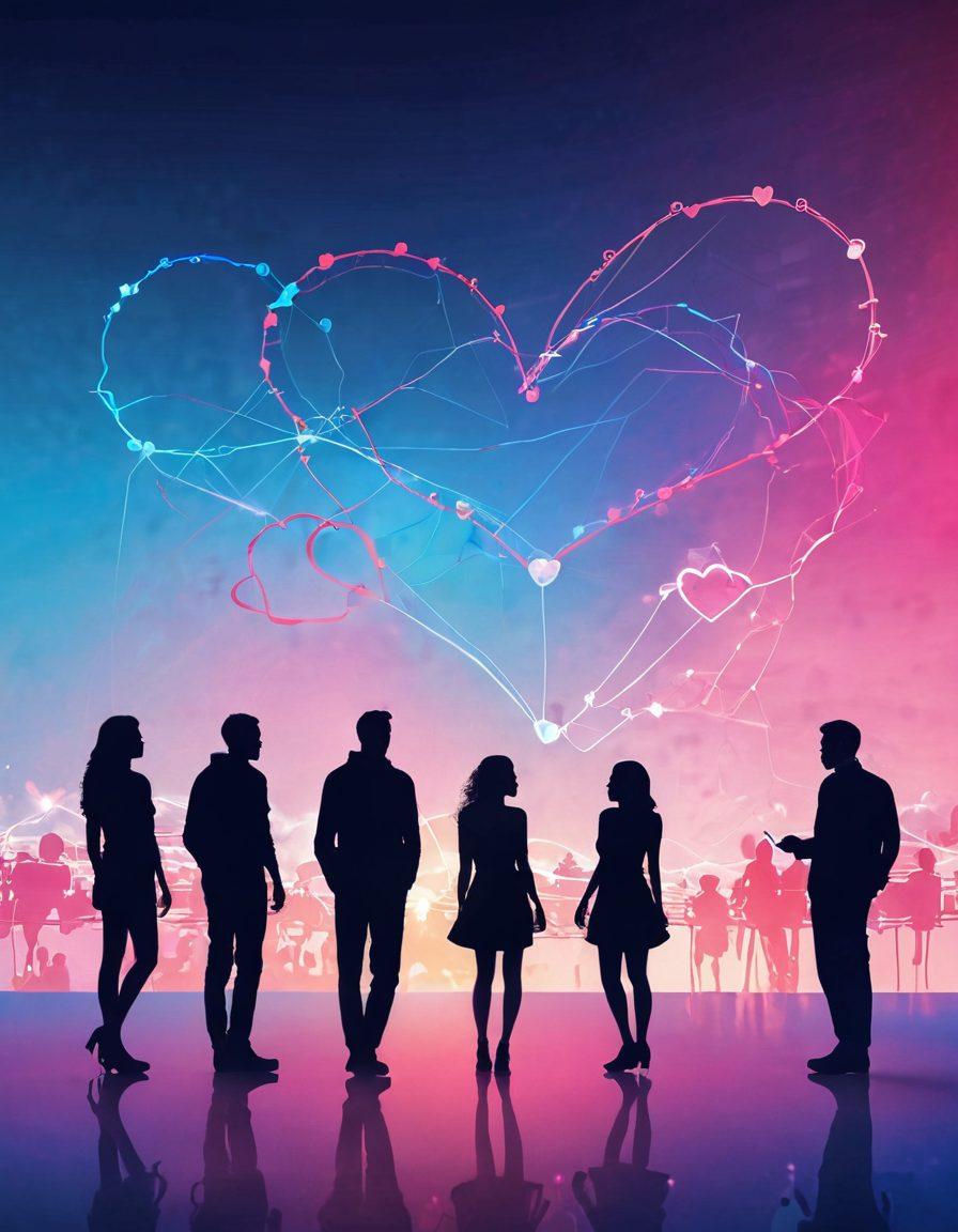 A vibrant digital landscape symbolizing connections, featuring silhouettes of diverse people engaged in online conversations, heart-shaped icons floating in the air, and glowing connection lines intertwining. The backdrop should showcase a blend of technology and intimacy, with abstract elements representing pleasure and romantic interactions. super-realistic. vibrant colors. blue and pink tones.