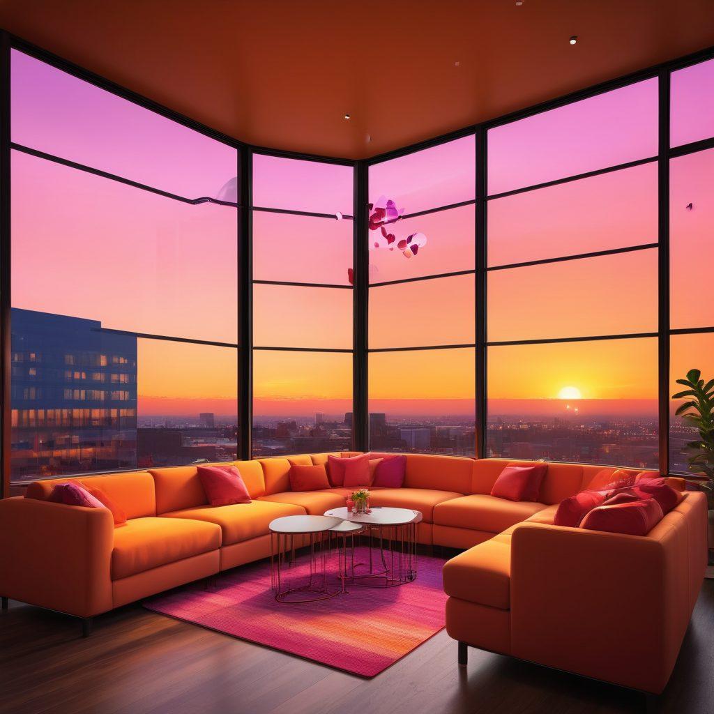 A vibrant social hub filled with diverse people engaging in conversations, exchanging ideas, and forming connections. Brightly colored decor and comfortable seating invite interactions, with visible digital elements symbolizing online dating. Visuals of hearts and connection lines illuminate the scene, reflecting modern dating dynamics. Show a sunset through large windows, creating a warm atmosphere. hyper-realistic. vibrant colors. warm lighting.