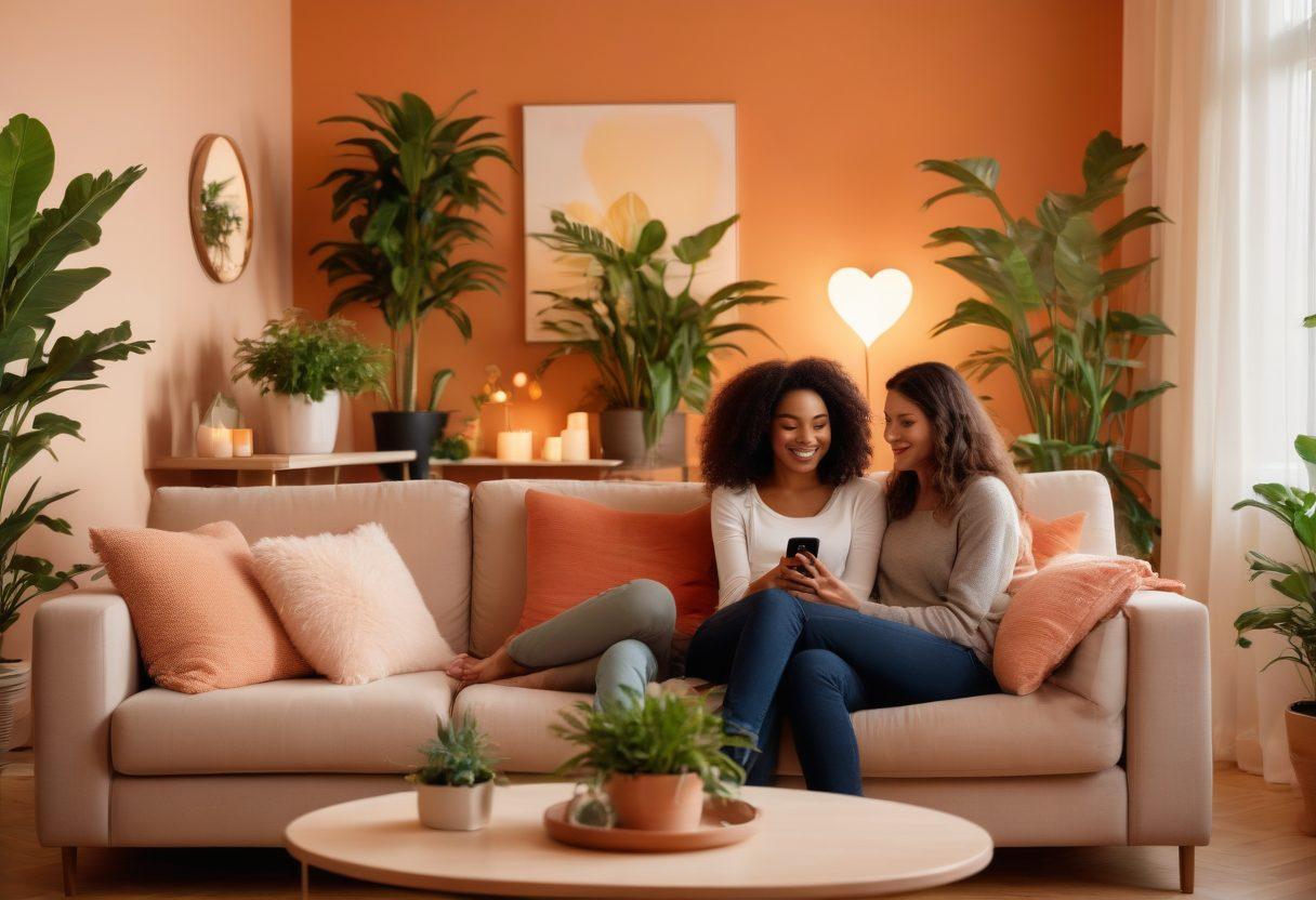 A couple joyfully interacting in a cozy, modern living room filled with warm lighting and plants, showcasing their connection through a smartphone with an app for relationship building. Include subtle symbols of trust, communication, and intimacy around them, such as hearts and chats. The scene should evoke a sense of comfort and intimacy in a digital world. warm colors. contemporary style. vibrant details.